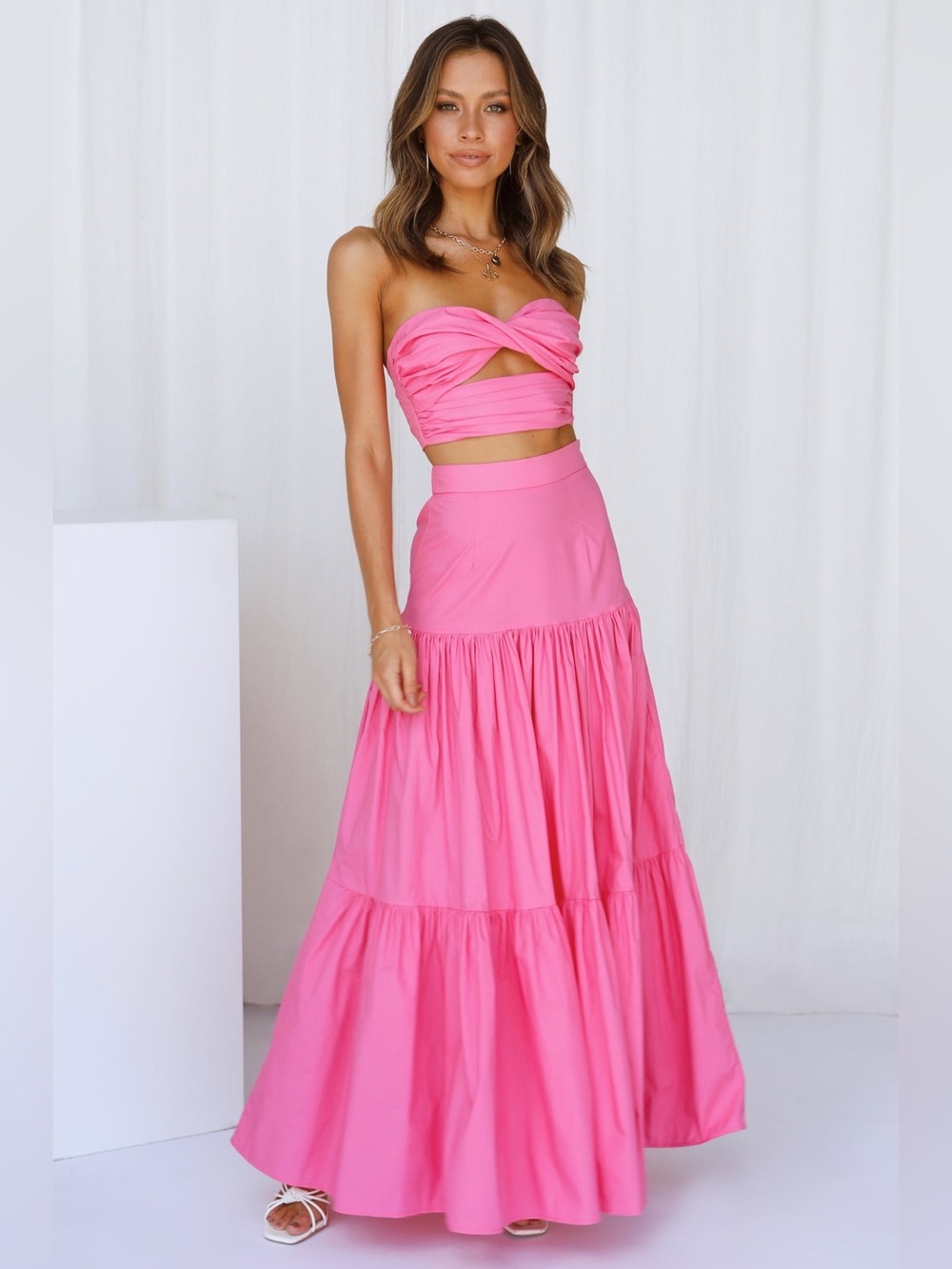 RUNAWAY The Label Ayla Hot Pink Crop Top Tiered Maxi Skirt Set XS